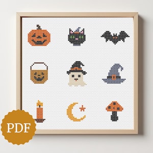 Halloween Mini Korsstygn Mönster Set, 9 Söta Spöklika Motiv PDF för Tiny Hoop Art & Pendants, DIY Halloween Dekorationer, Festgåvor, Etiketter