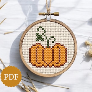 Patrón de calabaza para punto de cruz, fácil para principiantes, diseño minimalista para decoración cottagecore, decoración rústica de Halloween DIY, bordado a mano sencillo