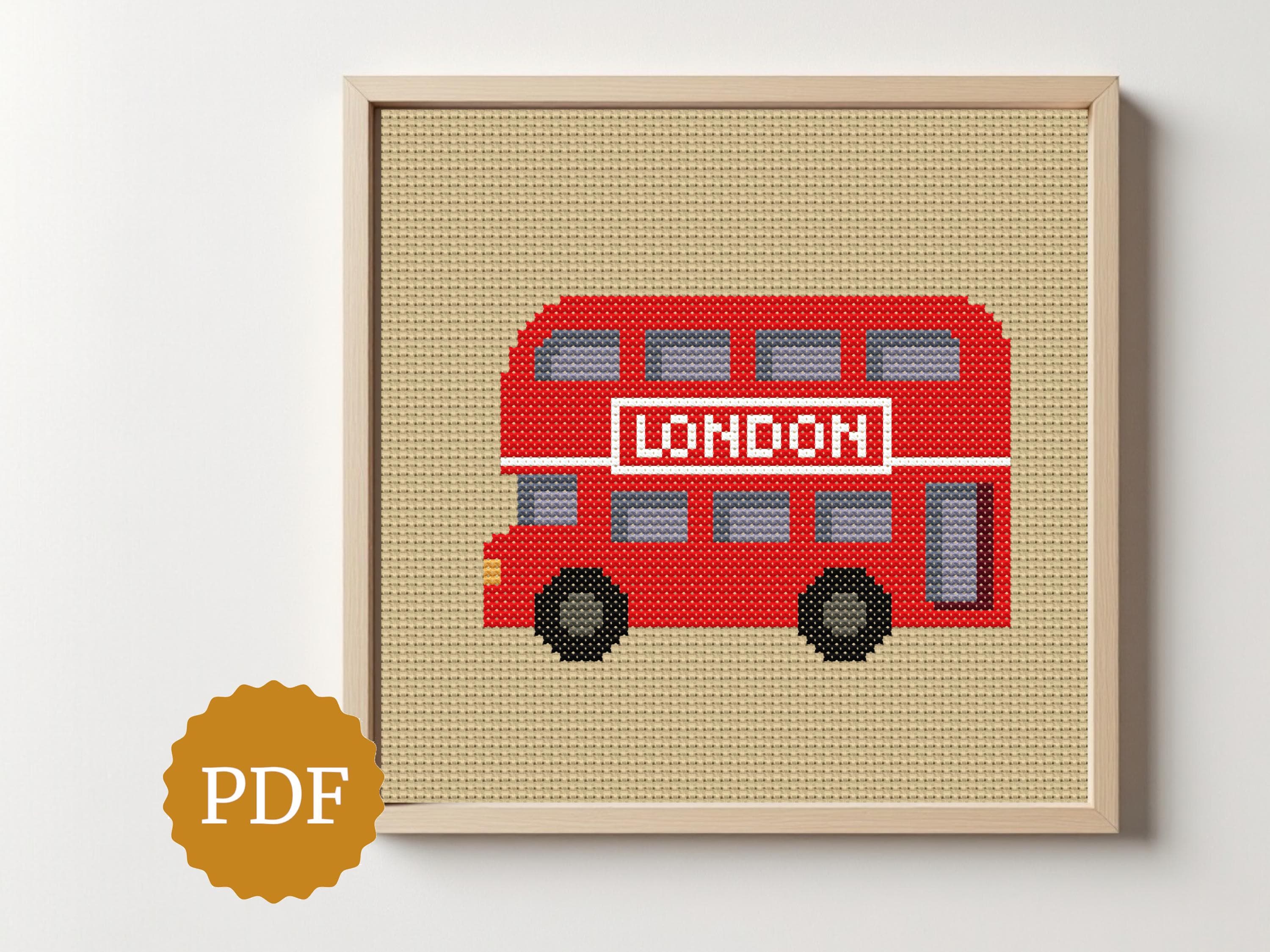 ロンドンバスのクロスステッチ図案PDF、赤いダブルデッカーの刺繍