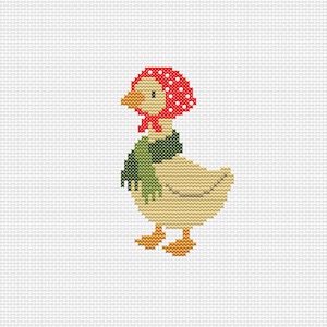 May include: Cross-stitch design of a goose wearing a red polka-dot bonnet and a green scarf. The goose has a yellow beak and feet, and the body is a light beige color. The background is white.