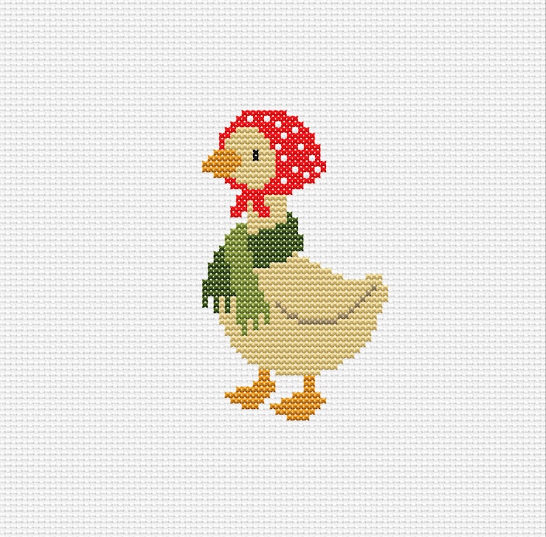 May include: Cross-stitch design of a goose wearing a red polka-dot bonnet and a green scarf. The goose has a yellow beak and feet, and the body is a light beige color. The background is white.