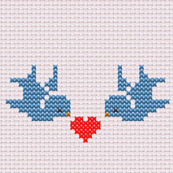 Retro Blue Bird, Love Birds with Heart Cross Stitch Pattern, Easy for Beginners, Instant Download PDF, Vintage Style Wall Decor, Crossstitch