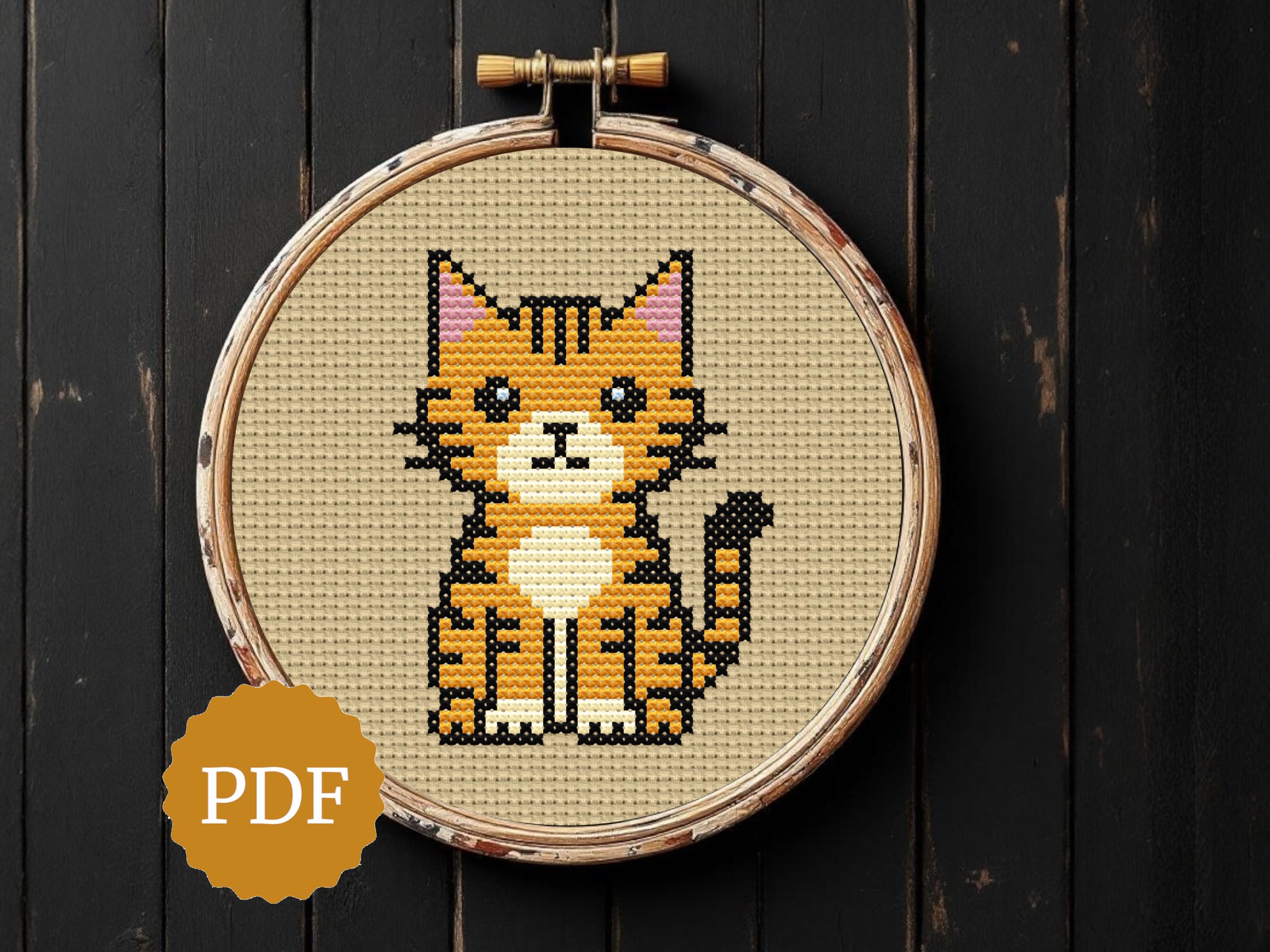 クロスステッチ 図案 トラ猫のクロスステッチ図案、かわいい猫の刺繍デザイン、初心者向け