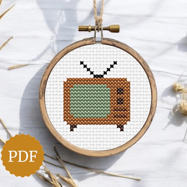 Retro TV Cross Stitch Pattern, Vintage Television Embroidery PDF, Mid-Century Modern Decor, 80s 90s Nostalgia Needlepoint, Nostalgic Gift