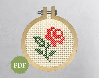 Mini Rose, Easy Cross Stitch Pattern, Instant Download PDF, Embroidery Wall Art, Tiny Modern X Stitch, Vintage Decoration, Shabby Chic Style