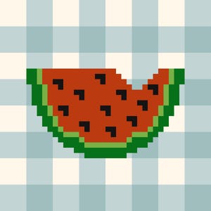 May include: Pixelated watermelon slice with a bite taken out, featuring a red interior, black seeds, and a green rind. The watermelon is set against a light blue and white checkered background, evoking a summer picnic theme.