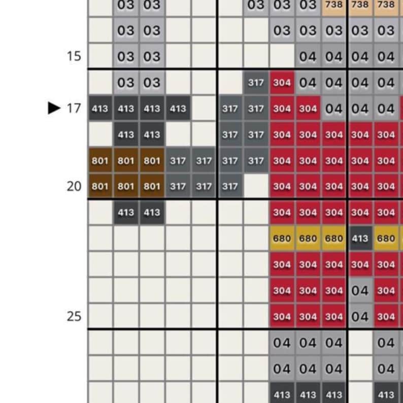 May include: A close-up of a cross-stitch pattern grid with numbered squares in various colors. The grid is divided into rows and columns, with numbers and color codes visible.