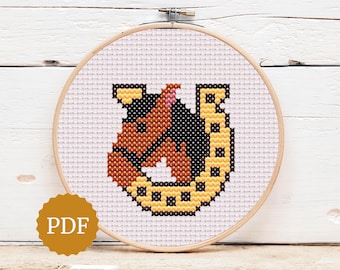 幸運の蹄鉄クロスステッチパターン、刺繍工芸、馬の頭、フープウォール