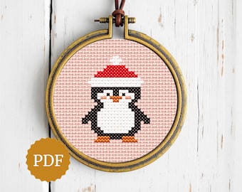 Penguin Cross Stitch Pattern, Christmas Penguin Embroidery Chart, Instant Download