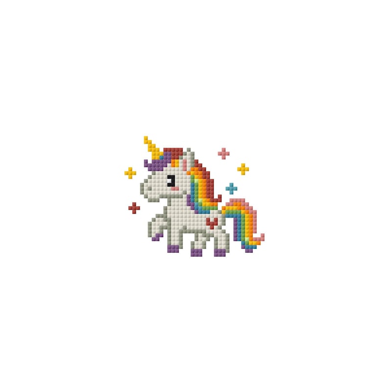 Puede incluir: Una ilustraci&oacute;n en pixel art de un unicornio blanco con crin y cola de colores del arco&iacute;ris. El unicornio tiene un cuerno amarillo, un peque&ntilde;o coraz&oacute;n rojo en el flanco y est&aacute; rodeado de varias estrellas peque&ntilde;as y coloridas.