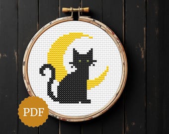 Black Cat Cross Stitch Pattern, Halloween Witch Cat Embroidery, Easy Witchy Kitten & Crescent Moon, Spooky Stitching, Mystical Night Decor