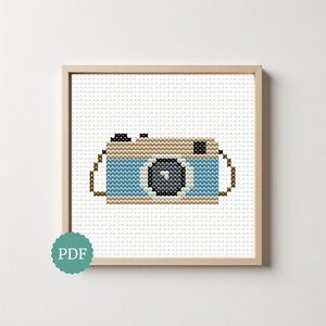 Korsstygnsmönster för retrokamera, vintagebroderidesign, fotografgåva