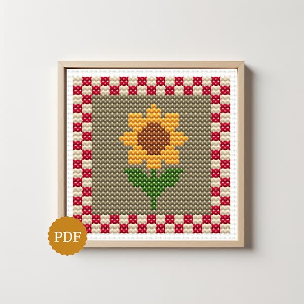 Sunflower Cross Stitch Pattern, Easy Flower Motif, Checkered Border Pattern, Beginner Floral Embroidery