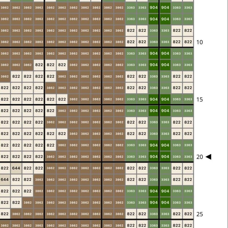 May include: A cross-stitch pattern chart with a grid of colored squares. The colors include shades of brown, green, and white, with numbers and arrows indicating rows and columns. The chart is for a craft project.