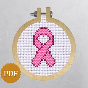 Pink Ribbon with Heart, Counted Cross Stitch Pattern, Breast Cancer Fundraiser, Just Cure It Pattern, Mini Awareness Ribbon, Easy Pattern