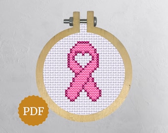 Rosa Band mit Herz, Kreuzstichmuster, Brustkrebs-Spendenaktion, Just Cure It Muster, Mini Awareness Ribbon, einfaches Muster