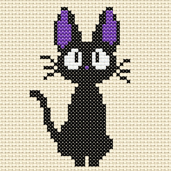 Jiji, Modern Cross Stitch Pattern, Gift for Studio Ghibli Fan, Handmade Diy Gift, Anime Character, Kiki's Cute Black Cat, Embroidery Art