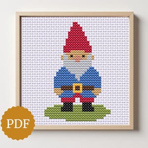 Garden Gnome Cross Stitch Pattern, Rustic Fairy Garden Embroidery,  Cute Dwarf for Spring Decor, Father&#39;s Day Gift, Cottagecore Home Decor