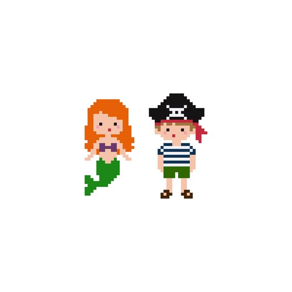 Mermaid & Pirate Cross Stitch Pattern, Cute Nautical Couple