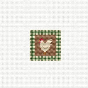 May include: A square cross-stitch design featuring a white chicken with a red comb and yellow feet, set against a brown background. The design is framed by a green and white checkered border, creating a rustic, country aesthetic.