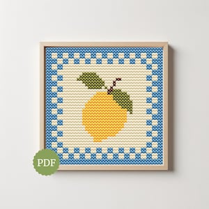 Patrón de punto de cruz de limón, bordado de frutas con borde de cuadros vichy, decoración de cocina de verano, fácil para principiantes. imagen 1