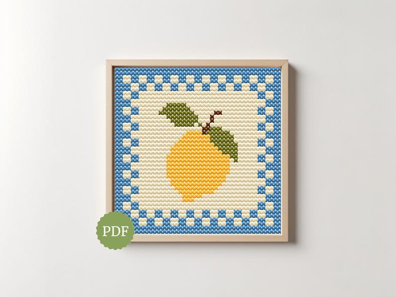 Patrón de punto de cruz de limón, bordado de frutas con borde de cuadros vichy, decoración de cocina de verano, fácil para principiantes. imagen 1