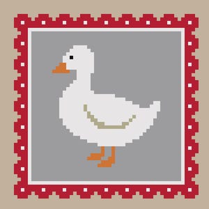 May include: Pixelated illustration of a white goose with an orange beak and feet, set against a gray background. The image is framed by a red border with white accents, creating a vintage, folk art aesthetic.