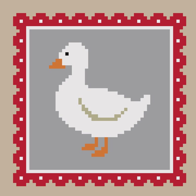 May include: Pixelated illustration of a white goose with an orange beak and feet, set against a gray background. The image is framed by a red border with white accents, creating a vintage, folk art aesthetic.