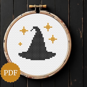 Magic Hat Cross Stitch Pattern, Minimal Halloween Embroidery, Witch Hat for DIY Witchy Decor, Beginner Friendly PDF Instant Download