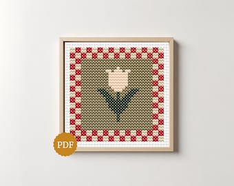 Tulpen-Kreuzstichmuster, Mini-Blumenstickvorlage mit kariertem Rand, Vintage-Cottage-Dekor
