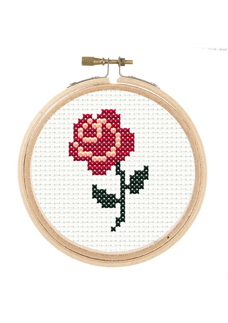 May include: A red and pink cross-stitch flower with green leaves in a wooden embroidery hoop.