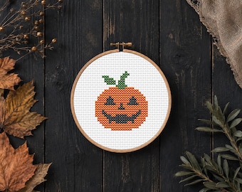 Pumpkin Cross Stitch Pattern, Small Halloween Sampler Embroidery, Jack O Lantern Hoop Art for Spooky Decor