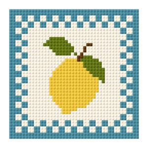 Puede incluir: Un dise&ntilde;o pixelado de un lim&oacute;n con hojas verdes y un tallo marr&oacute;n sobre un fondo blanco. El dise&ntilde;o est&aacute; enmarcado por un borde a cuadros azul y blanco, creando un efecto de punto de cruz. La imagen evoca la artesan&iacute;a hecha a mano.