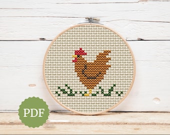 Little Brown Hen, Cross Stitch Chicken Pattern, Simple Stitching, Easy for Beginners, Farm Animals for Nursery Room Decor, Farmhouse Gift