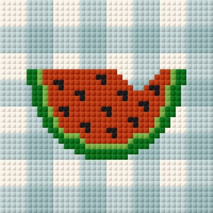 May include: A pixelated watermelon slice with a red interior, black seeds, and a green rind. The background is a light blue and white checkered pattern. The image is a digital illustration.