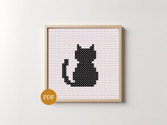 黒猫の簡単クロスステッチチャート、猫のシルエットパターンPDF、即時