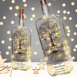 Personalised Family Tree Light Up Bottle Gift, Personalise with Up To 16 Names, Mother's Day, Father's Day, Birthday or Christmas Gift Idea