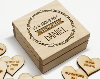 Boyfriend Gift 10 Reasons why I Love You Wooden Box and Hearts