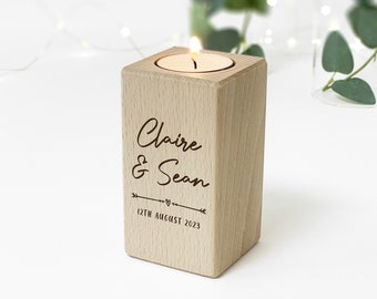 Personalised Wood Tealight Candle Holder, Engraved Names & Date Anniversary Gift