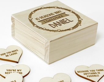Personalised 10 Reasons Why I Love You Wooden Box & Hearts