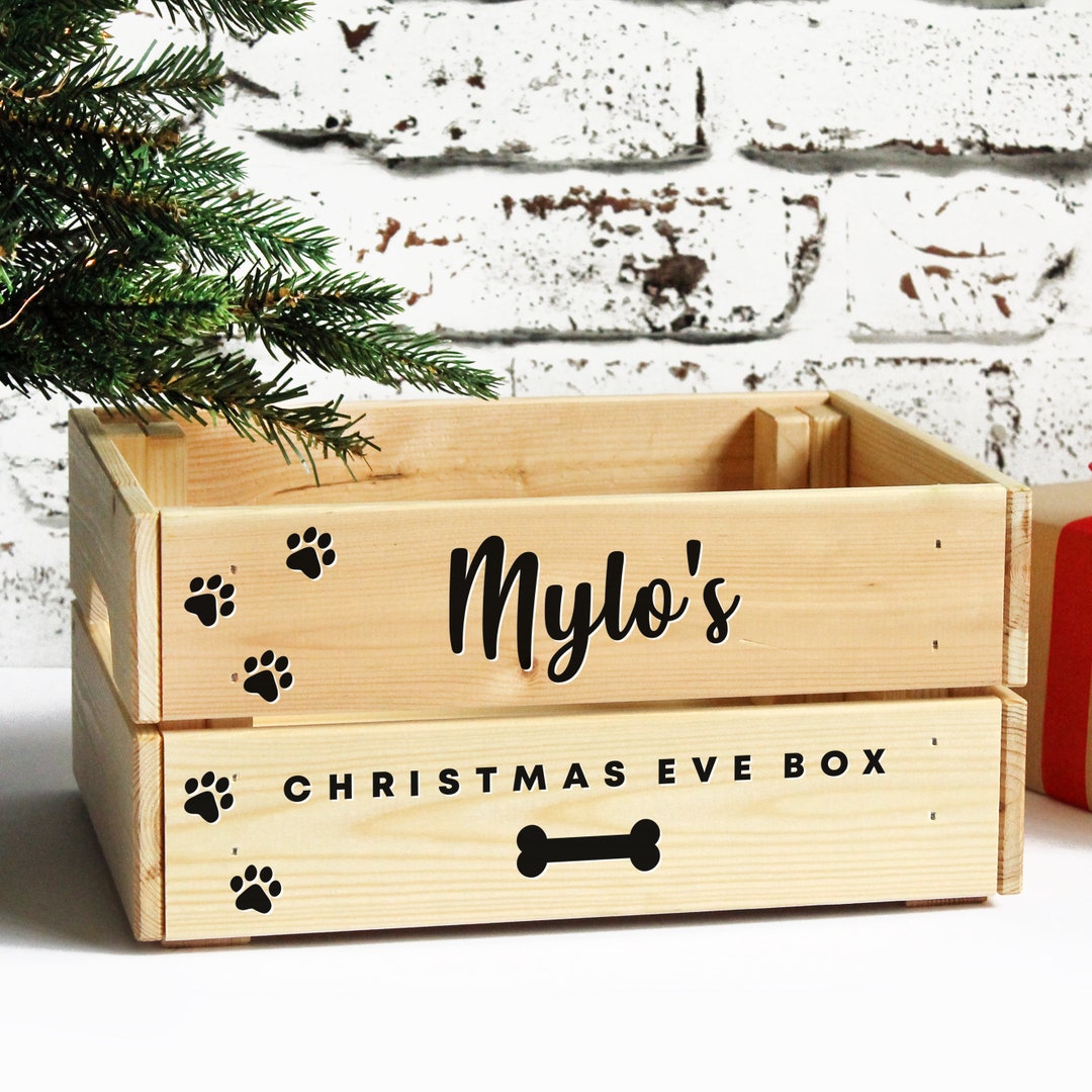 Personalised Dogs Christmas Eve Box, Puppy Treats Wooden Xmas Eve Crate