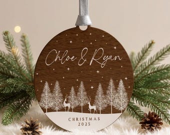 Personalised Wooden Couples Christmas Ornament Bauble, Keepsake Christmas Decoration for Girlfriend or Boyfriend