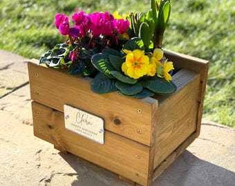 Wooden Planter Birthday Gift With Personalised Silver Plaque