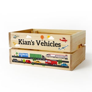 Personalised Kids Toy Vehicles Wooden Storage Toy Box Crate for Kids BOY GIRL Gift for Birthday or Christmas