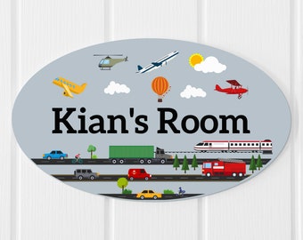 Personalised Kids Door Sign: Vehicles Theme, Children's Room Decor