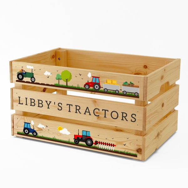 Personalised Kids Toy Farm Vehicles & Tractors Large Wooden Storage Toy Box Crate for Children, Kids BOY GIRL Gift for Birthday or Christmas