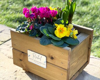 Valentines Day Wooden Planter With Personalised Plaque