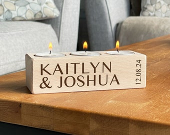 Engraved Wooden Tealight Candle Holder: Personalised Couples Gift