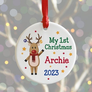 Baby's First Christmas Personalised Ceramic Decoration, 1st Christmas Reindeer Xmas Tree Bauble, Baby's 1st Christmas New Baby Xmas Keepsake