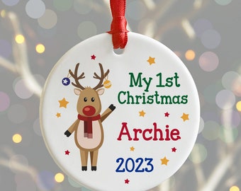 Baby's First Christmas Personalised Ceramic Decoration, 1st Christmas Reindeer Xmas Tree Bauble, Baby's 1st Christmas New Baby Xmas Keepsake